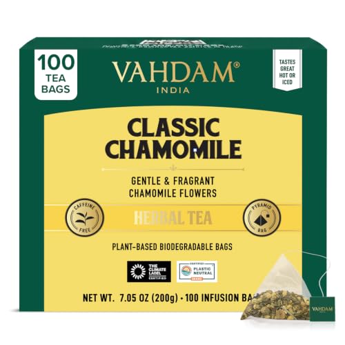 VAHDAM Chamomile Tea (100 Pyramid Tea Bags) High Quality Whole Flowers Resealable Ziplock Pouch for Lasting Freshness | Sweet &amp; Floral | 100% Pure &amp; Natural Herbal Tea/Tisane | Caffeine &amp; GMO Free