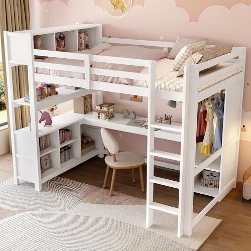 Fppuueg Cama Alta Litera 140x200 cm Cama con Escritorio y Armario, Cama Litera Matrimonio con Estanterías y Escalera, Camas Juveniles con Barandilla Anticaída, Literas Juveniles, Sin Colchón, Blanco