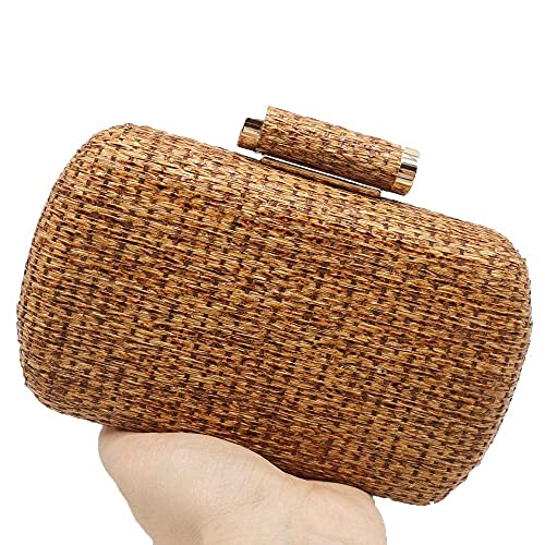 Boutique De FGG Straw Clutch Purse for Women Summer Beach Bag Wedding Hand-Woved Evening Handbags Wicker clutch Bag,Mini,Coffee - Image 3