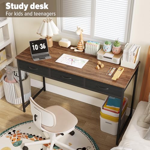 Image of WOHOMO Computer Desk with 3 Drawers, 47.2 Inch Small Vanity Desk with Storage, Home Office Bedroom Desk for Small Spaces, Modern Work Writing Study Gaming Tables, Rustic Brown
