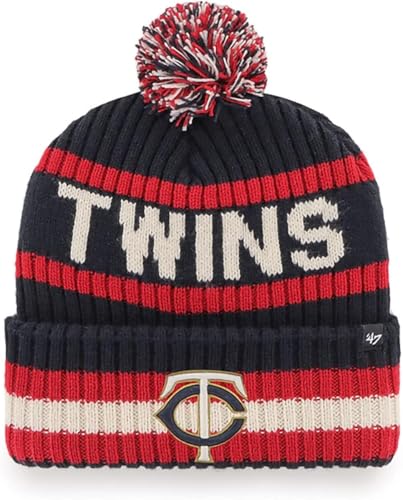 47 MLB Unisex-Adult Primary Logo Bering Cuffed Knit Pom Beanie Hat One Size (US, Alpha, One Size, Minnesota Twins - Navy White)