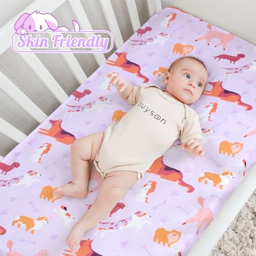 Image of UOMNY Crib Sheet 52x28 Baby Sheet for Girls Breathable Dog Fitted Crib Sheet for Standard Crib and Toddler Mattress Soft Toddler Sheet Purple