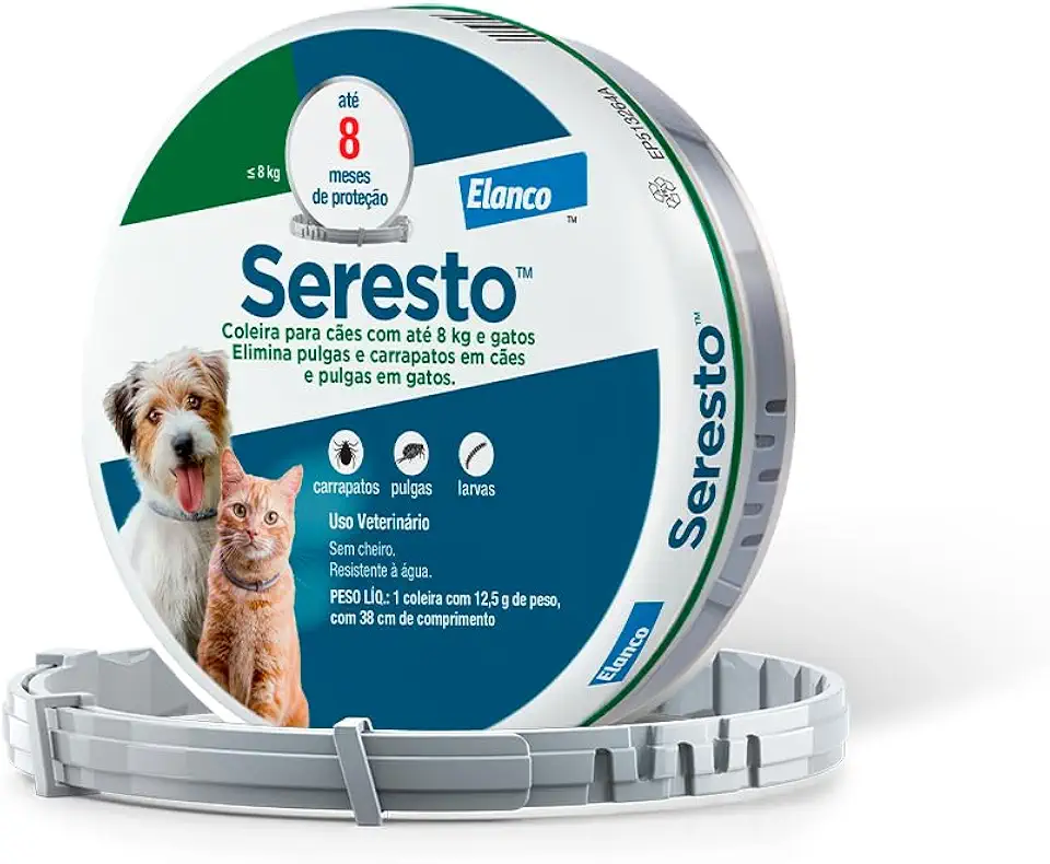Coleira Seresto® anti-carrapatos e pulgas para cães e gatos de até 8kg