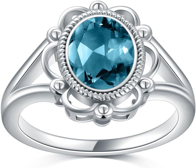 2CT Natural London Blue Topaz Ring for Engagement 925 Sterling Silver 7mm * 9mm Oval Cut December Birthstone Ring