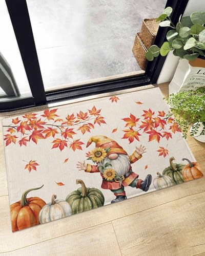 Indoor Doormat Autumn Gnome Maple Leaf Pumpkin,Shaggy Floor Mat with Non-Skid Backing Thanksgiving Harvest on Linen,Machine Washable Plush Area Rug Carpets for Kitchen Nursery Bedroom