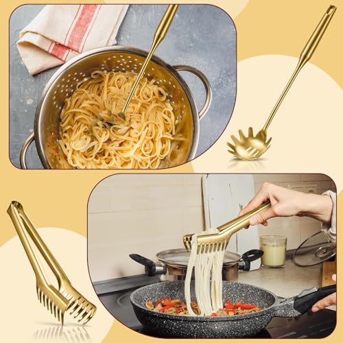 Image of Patelai Stainless Steel Spaghetti Spoon and Pasta Tongs Set, Long Handle Noodle Server Tools with Drain Holes, Non-slip Grip for Cooking, Serving Pasta and Noodles