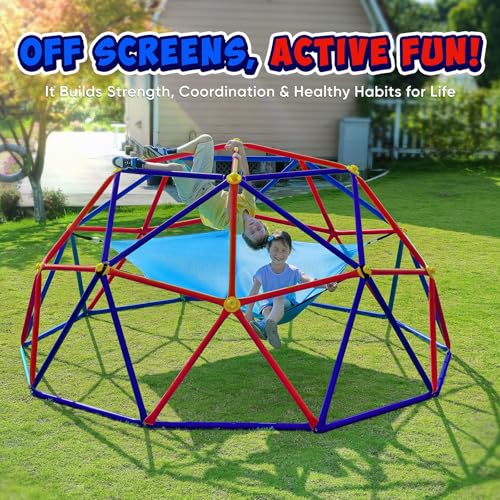 Image of Zupapa 10FT Climbing Dome with Hammock, Outdoor Jungle Gym for Kids, Geometric Dome Climber Supporting 1200LBS Outdoor Play Equipment, Purple&Red