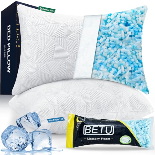 Image of BETU Cooling King Size Pillows Set of 2, Shredded Memory Foam Cool Pillows for Hot Sleepers, Adjustable Firm Soft Support Bed Pillows Perfect for Back Neck Pain and Side Sleeping with Cover, White