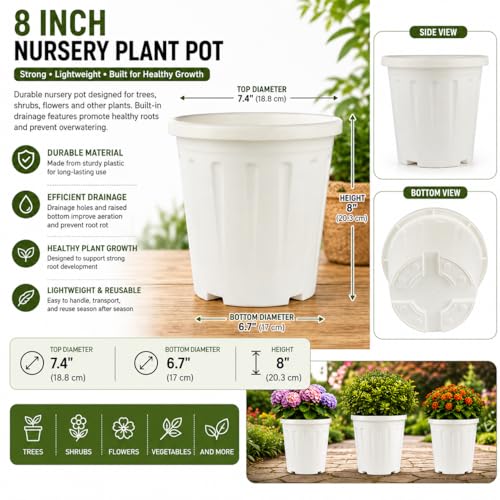 Image of 8 Inch Nursery Pots, 15 Packs Variety Plastic Pots with Drainage Hole, Plant Containers for Seedlings, Succulents, Transplanting (White - Round)
