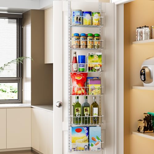 Delamu Pantry Door Organizer, Adjustable Metal Over the Door Pantry Organizer Rack, 6-Tier Over the Door Spice Rack, Kitchen Pantry Door Organizers and Storage, D5 W12 H52.1 inch, White, Small