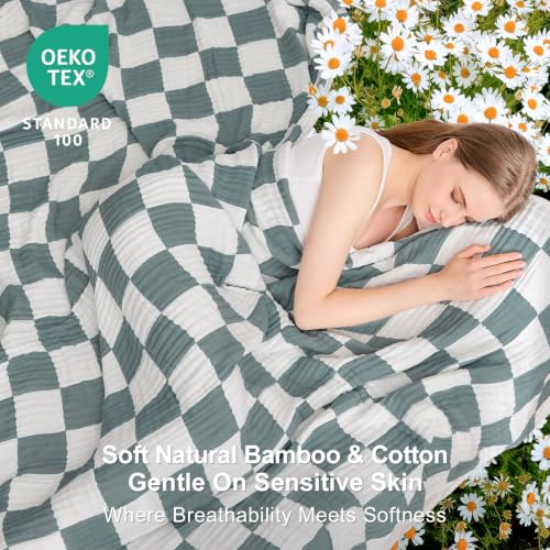 Image of EMME Cooling Muslin Blanket for Adults - Checkered Lightweight Summer Cotton Throw Blankets of Rayon Derived from Bamboo for Hot Sleepers, Ultra Soft Breathable Gauze