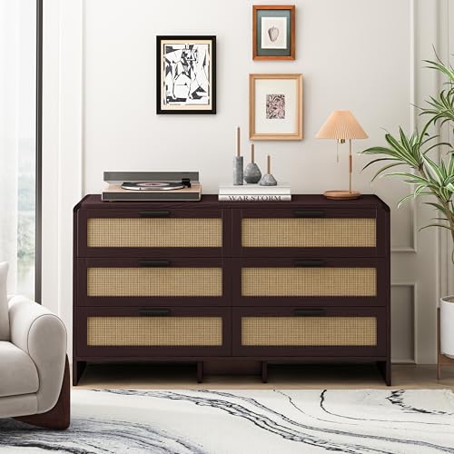 Pawom Cómoda con 6 cajones, 130 cm, armario para dormitorio, aparador para salón, ratán, pecho de drawers, armario de noche, para habitación infantil, oficina, natural
