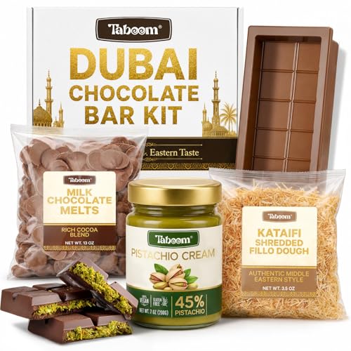 Dubai Chocolate Bar Kit - DIY Pistachio Chocolate Making Set with Kataifi Pistachio Cream Milk Chocolate Melts & Mold - Viral Middle Eastern Dessert Kit Gift Box (Makes 2 Bars)