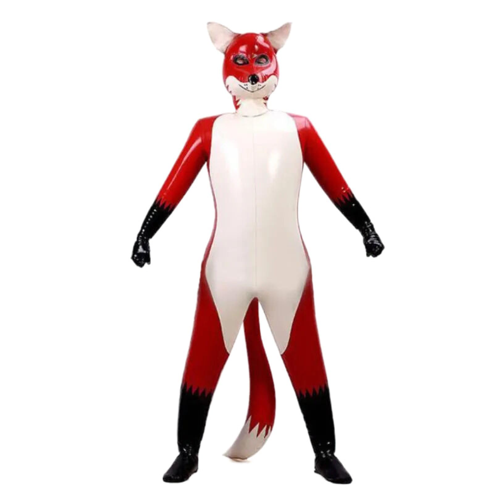 MALTZ Latex Rubber Overall Hooded Uniform Double Layer Catsuit Fox Cosplay Full Body Wetlook Color Unisex Customized Size XXS-XXL,red and White and Black,M