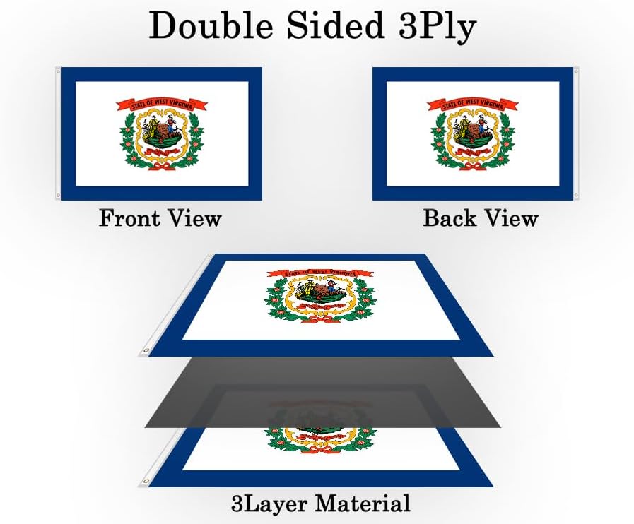 Double Sided West Virginia State Flag 5x8FT WV State Flag Bright Colors Fade Proof Polyester with 2 Brass Grommets Indoor Outdoor