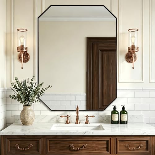 Image of ANDY STAR Bronze Octagon Bathroom Mirror, 30x40 Inch Stainless Steel Metal Frame, Anti-Rust, Shatterproof HD Glass, Wall Mounted for Bathroom, Bedroom, Living Room