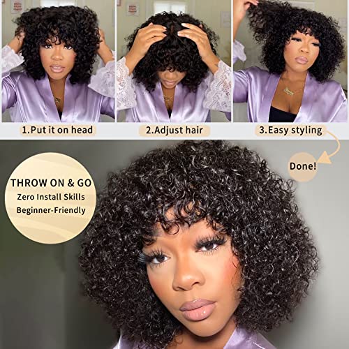 Yasgrl 10" Bouncy Curly Wig With Bangs Human Hair Realistic Look Hd Lace Glueless Wigs Brazilian Human Virgin Hair Short Curly Human Hair Wig With Bangs 180 Density #TOP2