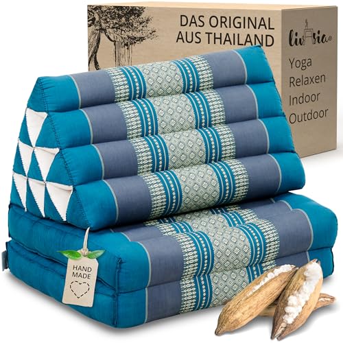 livasia Thaikissen mit 2 Auflagen - 120x50x8cm - Dreieckskissen mit Sitzkissen, Keilkissen mit Kapok, Rückenkissen faltbar, Thaimatte zum Klappen,...