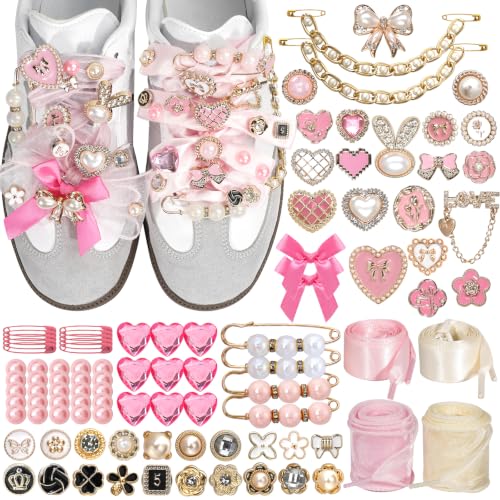 Lugailly Shoe Charms for Sneakers Junk Socks Charms Kit 100 PCS Pink Sneaker Charm for Women Teen Girls with Satin & Lace Shoelaces Cute Shoelace Charm for Shoe Jewelry Decoration Accessories