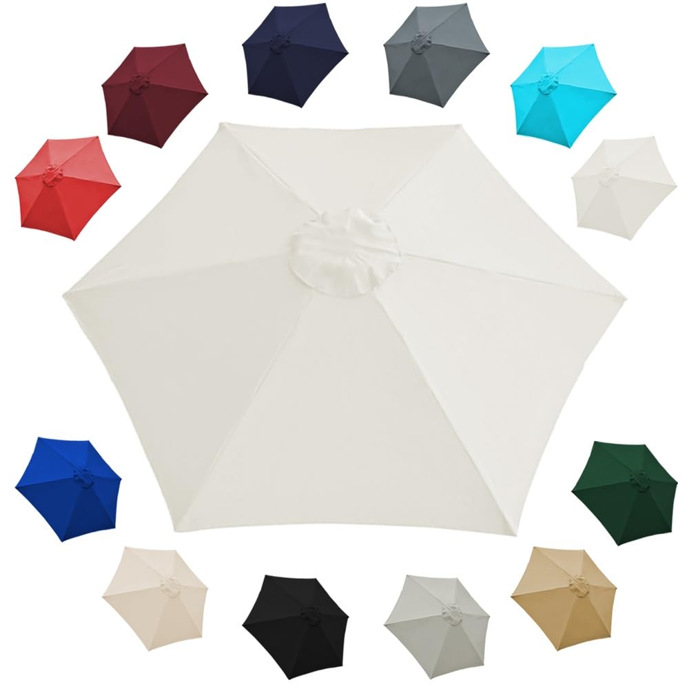 SMCMGECEUZ Sun Umbrella Replacement Cloth 6 Ribs Umbrella Replacement Canopy 6.5ft 7ft 7.5ft 8ft 9ft 10ft Replacement Parasol Cover For Deck Lawn(Off-White,2.7m/9ft(6-ribs))