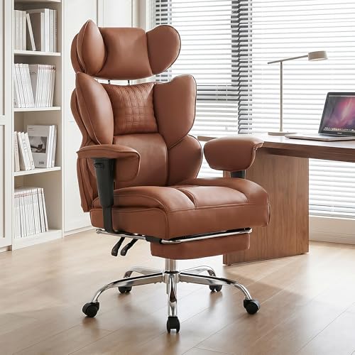 Image of Big and Tall Ergonomic Office Chair,400 LBS,High Back Reclining PU Leather Gaming Chair with Footrest, Adjustable Armrests, Lumbar Support, Executive Desk Chair for Home Office, Brown