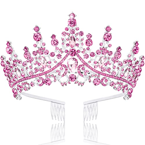 TOBATOBA Pink Crown Tiara - Crystal Tiaras for Women Wedding Bride Princess Royal Queen Quinceanera Headpieces for Birthday Prom Pageant Halloween Cosplay