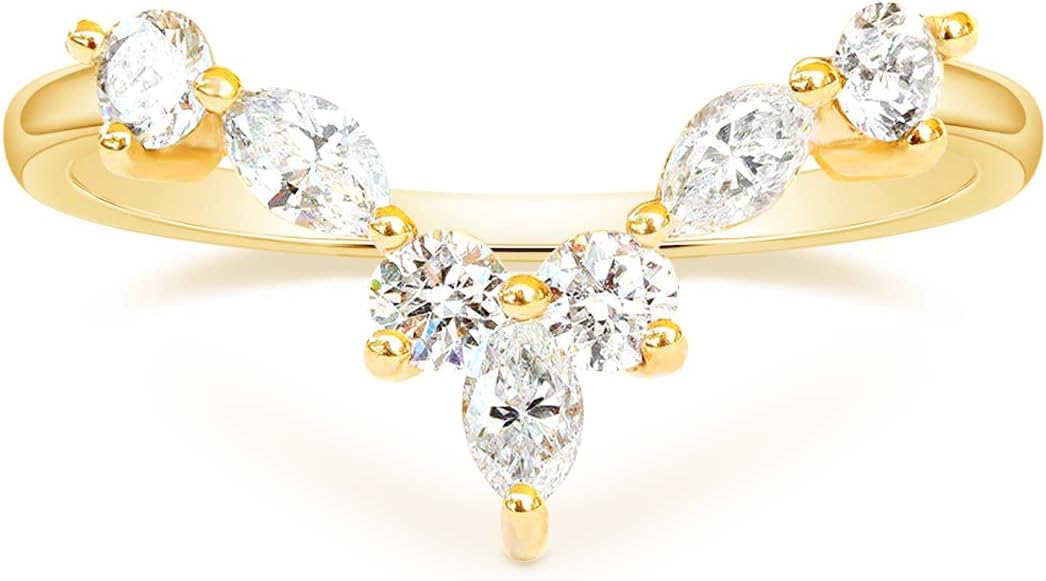 Wedding Bands for Women Marquise & Round Shaped Stackable Cubic Zirconia CZ V Shape Curved Engagement Rings for Her Size 3-12