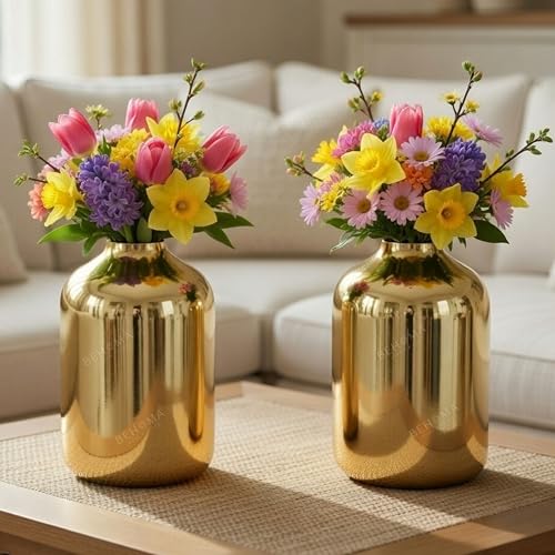 Image of Behoma Metal Flower Vase Set of 2 pcs for Home Decor Bedroom Living Room Office Wedding | Table Decorative Item for Festivals Birthday Gold (Flower Not Included, Modern)