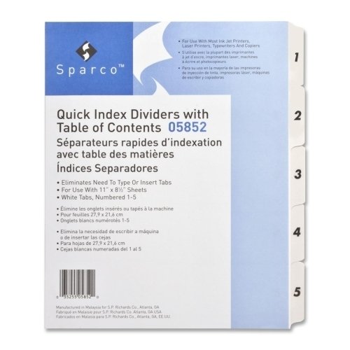 Sparco Products Sparco Quick Index Table of Contents Divider - 5 X Divider(s) - 5 - Printed 1-5 - 3 Hole Punched -