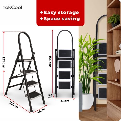 Image of TEKCOOL Foldable Ladder for Home 4 Steps with Built-in Tool Tray | Heavy Duty D Shape rods | 20 x 30 cm Large Platform | Wide Rubber feet | Secure Lock | 150kg Capacity