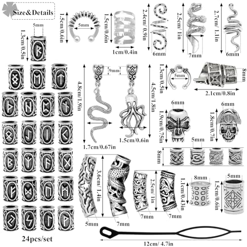 Fscwlmon 207Pcs Viking Hair Jewelry Nordic Runes Tube Beads,Accessories Kit For Braids Dreadlock Beard Locs,Metal Clips Cuff Rings,Braiding Beard Decoration Bracelets Pendant Necklace Diy Silver thumb #5