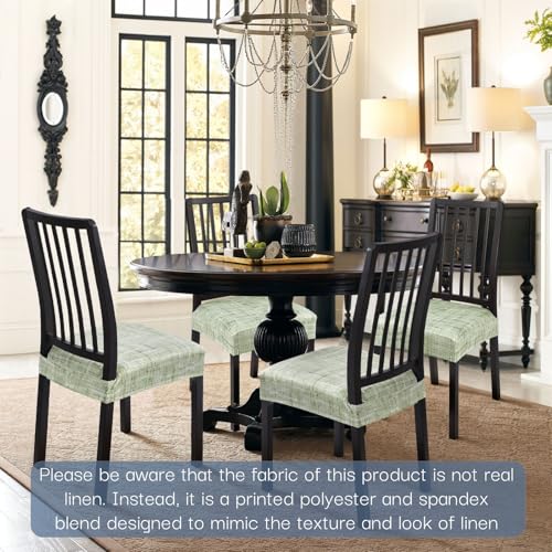 Image of Stretch Dining Chair Seat Covers Set of 4, Soft Removable Washable Seat Covers for Dining Chairs, Dining Room Seat Cover Protector (Rear-Covered, Green Linen-Look Print)