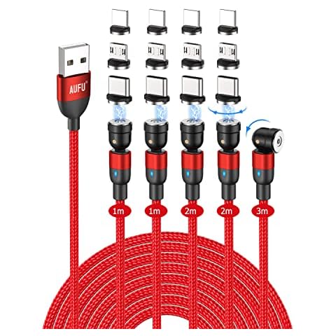 AUFU Magnetic Charging Cable, USB Type C Cable [5Pack, 1m+1m+2m+2m+3m], 540 Degree Rotation Android Micro Charger Cable, USB A to C for Samsung Galaxy, Google Pixel, OnePlus, Xiaomi Redmi, Huawei -Red Cover