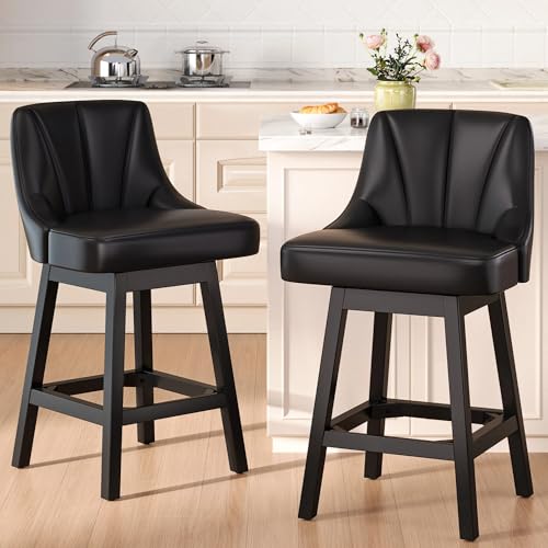 Image of YaFiti Swivel Bar Stool 1 Pcs, 26 Inch Counter Height Bar Stools with Backs, Modern PU Leather Extra Upholstered Barstools with Square Solid Wood Legs for Kitchen Island, Dining Room, Black