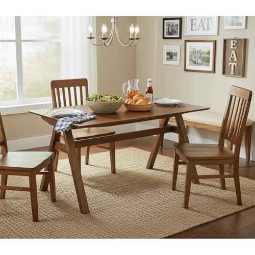 Image of DUOMAY Wooden Dining Table, Square 59 inch Wide Kitchen Table for 4-6 People, Mid Century Rectangular Dinner Table with Trestle Base for Home Restaurant, Walnut Color