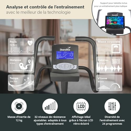 Vélo d'appartement connecté avec écran LCD et support tablette charge max 150KG
