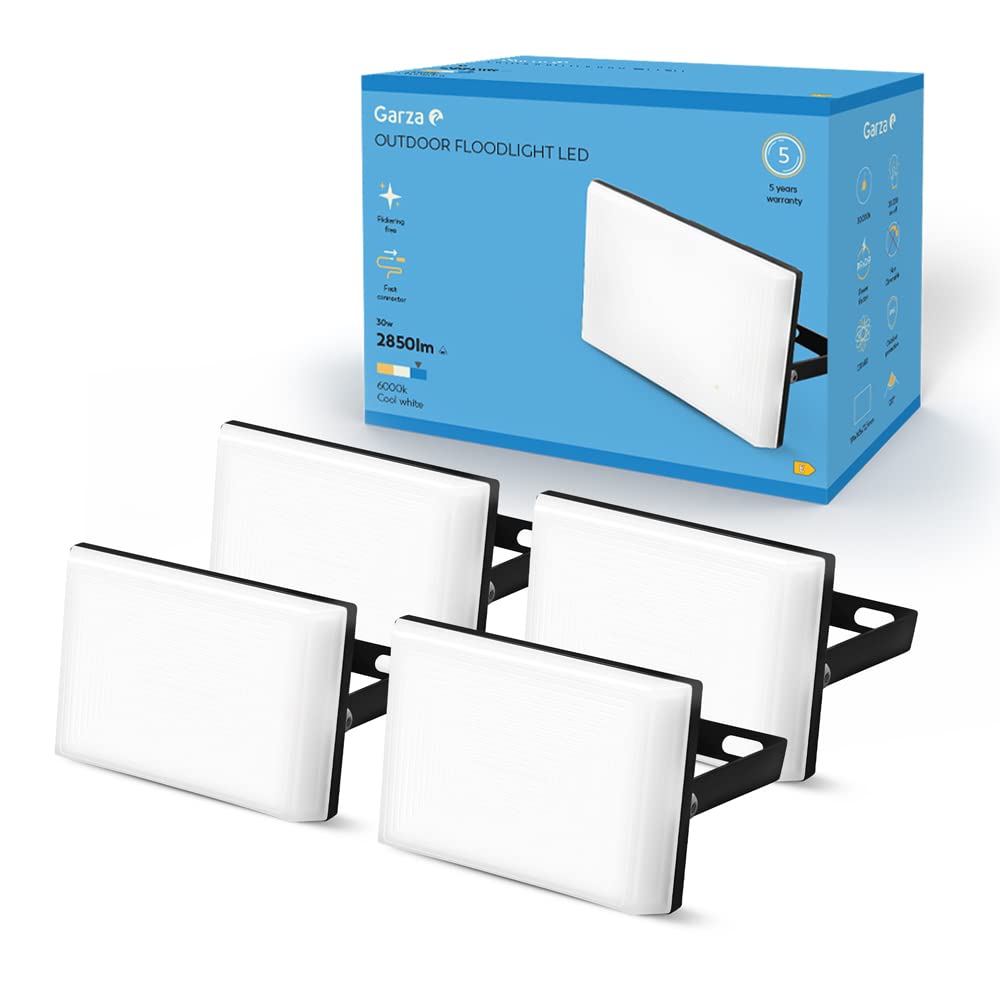 Garza - PACK 4 Focos de exterior LED Extraplano, 30W, 2850 lumenes, Luz Fría 6000K, Proyector LED Impermeable (IP65) para Casa, Jardín, Garaje, Patio