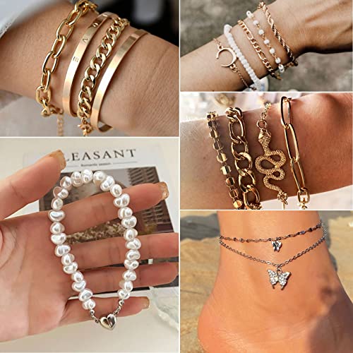 Image of 17IF 18-25 PCS(6 Pack) Boho Gold Silver Stackable Bracelets Set for Women | Chunky Dainty Bangles Adjustable Chain Flat Cuff Cuban Punk Charm Bundle Jewelry