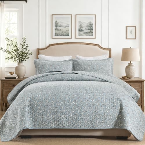 VatinHK 100% Cotton Queen Size Quilt - Farmhouse Block Print Floral Bedspread Set 3 Pieces, Lightweight Vintage Cottagecore Bedding Coverlet with 2 Pillow Shams, All Season, Soft Blue — view 4