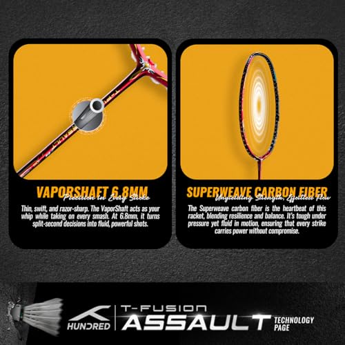 Image of Hundred T-Fusion Assault Badminton Racket with Full Cover | ≤32 lbs | Performance Racket | Sturdy Frame & Smooth Swing | Offensive Shots & Fast Game