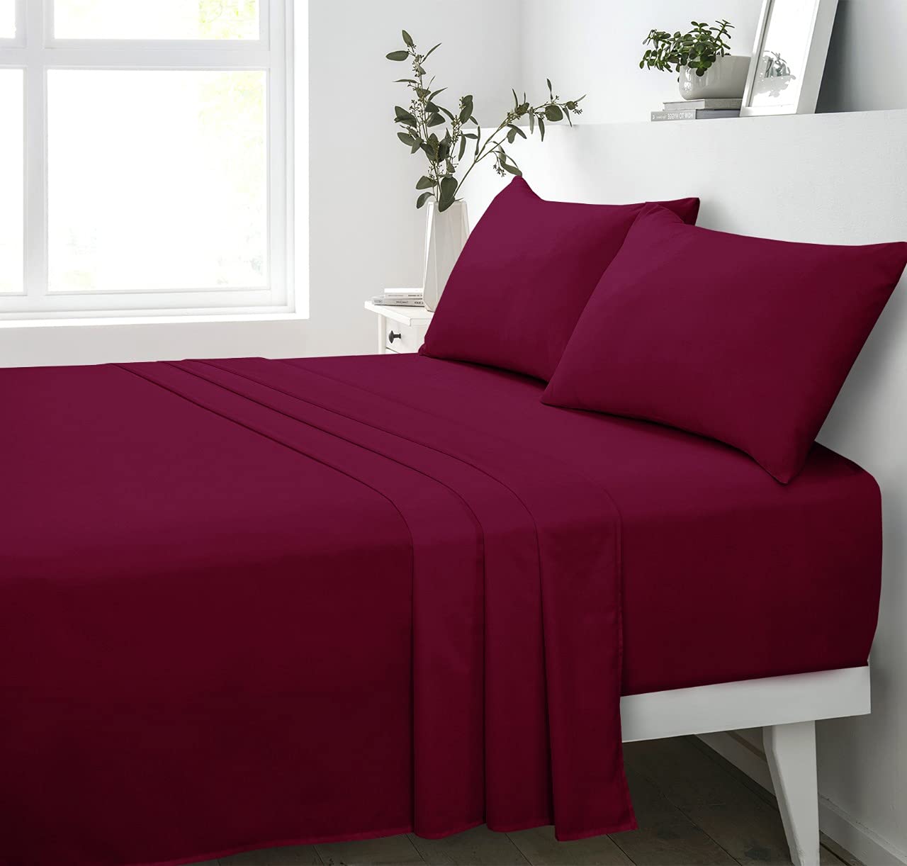 180 Thread Count 100% Pure Cotton Percale Flat Sheet (Burgundy, Double: 224x248cm)