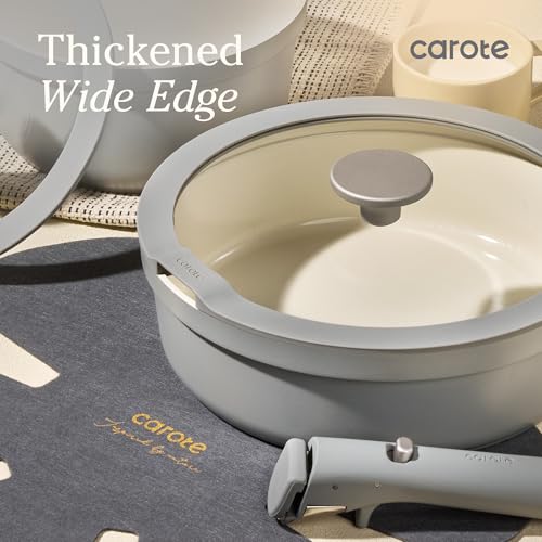 Image of Carote 20pcs Ceramic Cookware Set with Detachable Handles, Pots and Pans Set Non Stick, RV Kitchen Cooking Pot and Pan, Dishwasher Safe, Non-toxic Induction Cookware PFAS and PFOA Free, Grey
