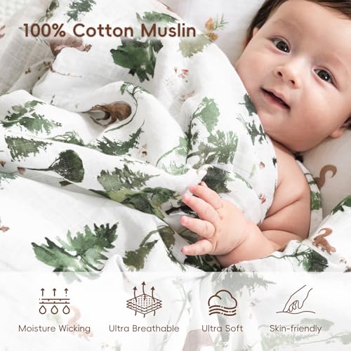 Image of david's kids 4 Pack Baby Muslin Swaddle Blankets, 100% Cotton and Ultra Soft Breathable Receiving Blanket Wrap for Boys Girls, New Born Essentials, Large 47 x 47 inches, Woodland Animals /Green