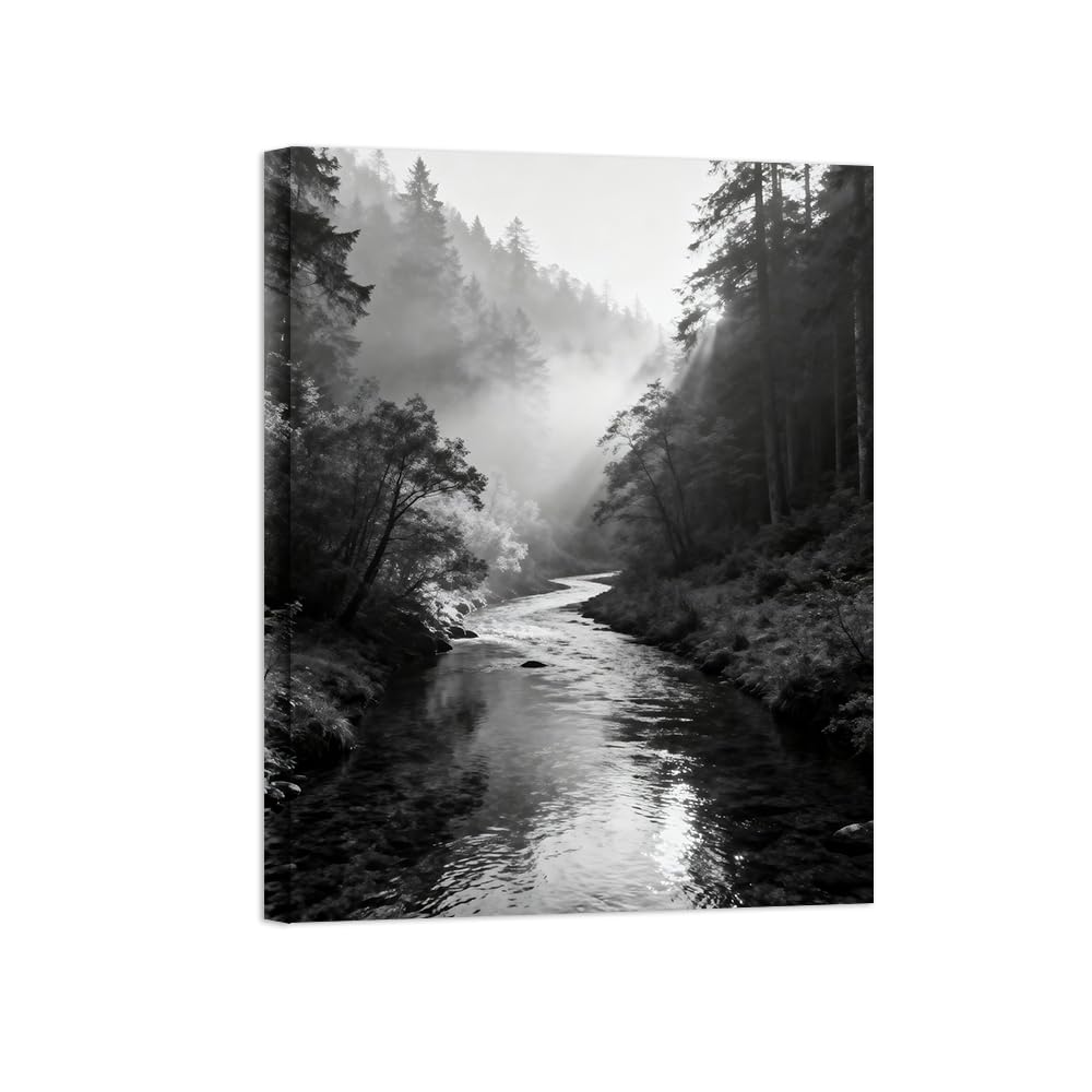 OZPWBVY Black and White Landscape Print Painting-Forest Tree River-Minimalist Canvas Wall Art Picture for Home Ready to Hang 24x31in 60x80cm Wrapped Canvas