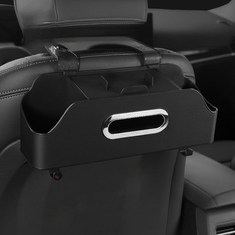 kHiveTrun Car Seat Caddy Organizer with 2 Cup Holders & Hooks - Multi-Functional Headrest Storage for Tissue, Phones & Travel Essentials - Black Rear Seat Organizer for