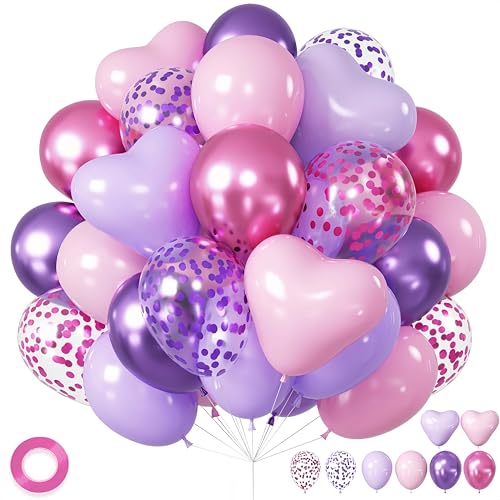 Image of Metallic Hot Pink Magenta Purple Bonfetti Balloons - 12 Inch Pink Heart Balloons for Girls Princess Happy Birthday Party Decorations Baby Shower