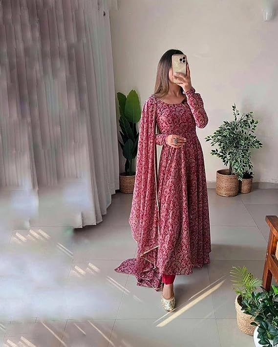 Image of DIGAMBARA Digital Floral Printed Georgette Anarkali Gown for Women, Ethnic Wear, Fit and Flare Georgette Dresses with Dupatta for Womens and Girls, Maroon