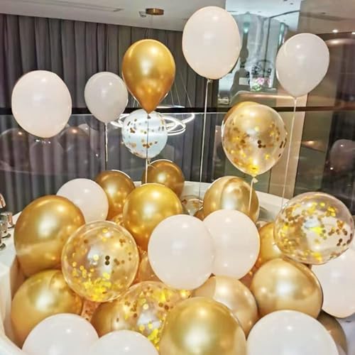 Image of Golden Chrome White & Gold Confetti Balloon Garland Arch Kit 63 Pcs for Birthday Decoration Anniversary Engagement Wedding Baby Shower || AR Giftzadda
