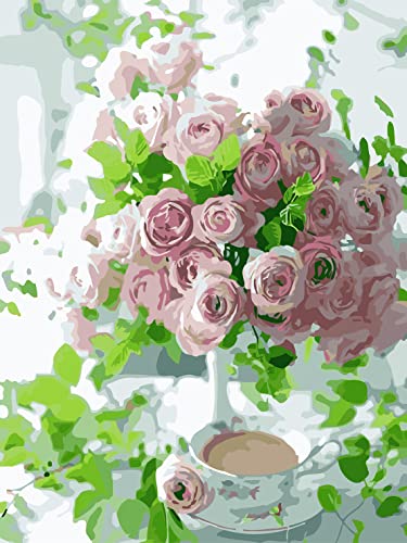 Shukqueen Pintura por números para adultos, kit de pintura al óleo por números, para niños y adultos, principiantes, rosas rosas en café, 61 x 76 cm (sin marco)