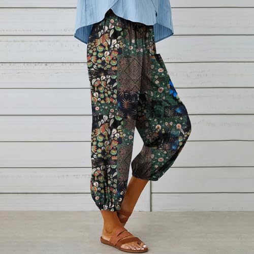 Women's Capri Pants High Waist Drawstring Cinch Bottom with Button Cotton Loose Casual Trouser with Pockets4